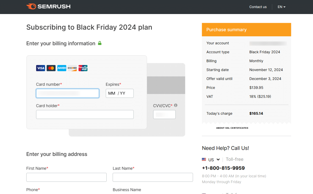 Semrush Black Friday Checkout Page